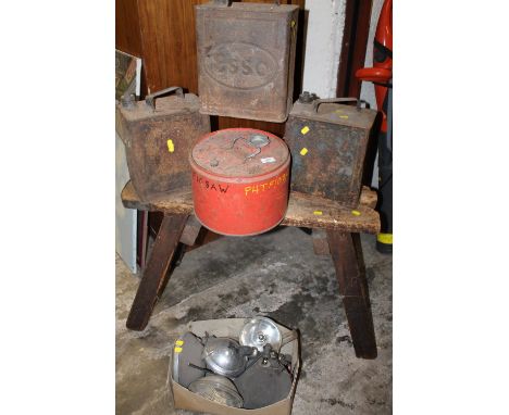 A SELECTION OF VINTAGE FUEL CANS PLUS A BOX OF VINTAGE CAR SPOT LIGHTS