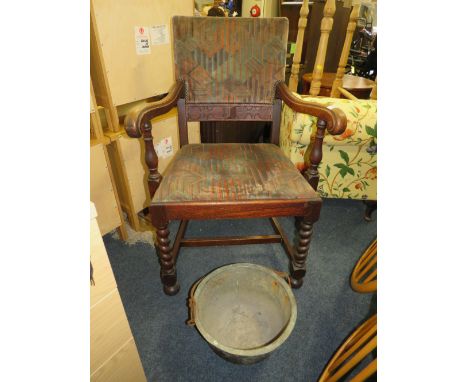 A VINTAGE OAK ARMCHAIR &amp; CIRCULAR CAST PAN (2)