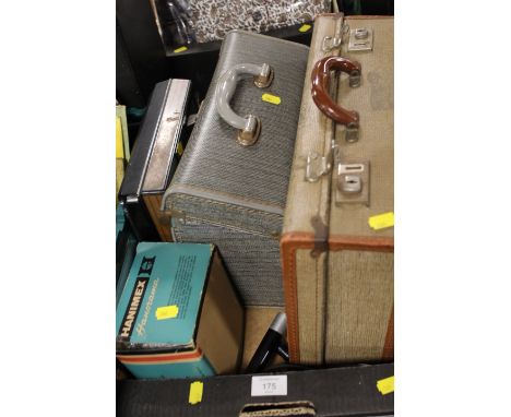 A TRAY OF VINTAGE AUDIO EQUIPMENT TO INCLUDE A CASED SHARP TAPE RECORDER WITH INSTRUCTIONS