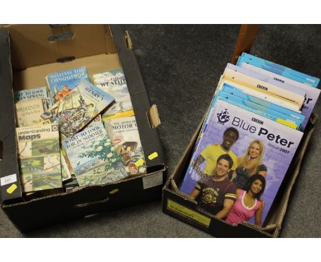 A TRAY OF ASSORTED VINTAGE LADYBIRD BOOKS TOGETHER WITH A TRAY OF BLUE PETER ANNUALS
