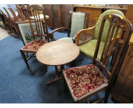 A VINTAGE BERGERE ARMCHAIR, TWO OAK CHAIRS, ARMCHAIR, CIRCULAR TABLE &amp; SCREEN (6)