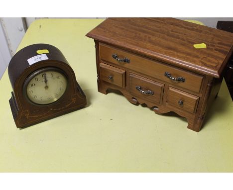 A SMALL INLAID EIGHT DAY MANTLE CLOCK TOGETHER WITH A JEWELLERY BOX IN THE FORM OF A CHEST OF DRAWERS