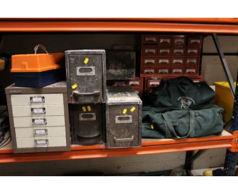 A SELECTION OF TOOLS TO INCLUDE TWO TROLLEY JACKS, STORAGE BOXES AND CONTENTS ETC