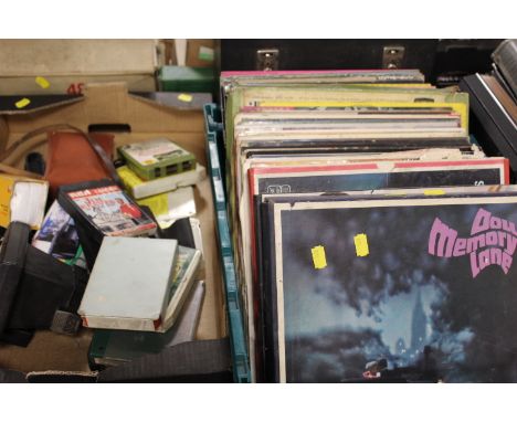 A TRAY OF VINTAGE LP RECORDS TOGETHER WITH A TRAY OF SUNDRIES TO INCLUDE SUPER 8 CASSETTES