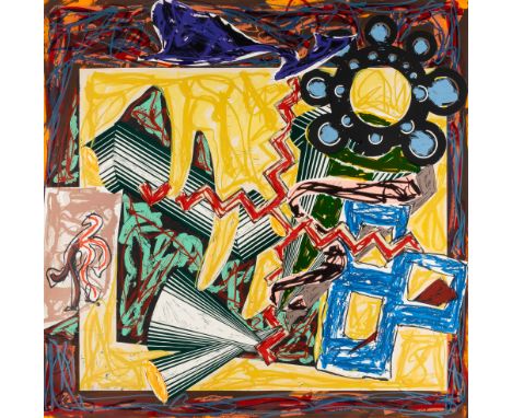 THEN CAME A FIRE AND BURNT THE STICK (AXSOM 175)Color lithograph, linocut and screenprint with hand-coloring and collage, 198