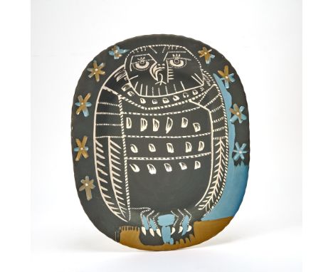HIBOU MAT (ALAIN RAMIÉ 284)Painted and partially glazed white ceramic plate, 1955, from the edition of 450, inscribed Edition