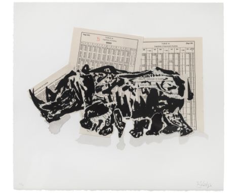 UNTITLED (RHINO II)Hand-colored lithograph with collage, 2007, on BFK Rives paper, signed and numbered 23/35 in pencil, print