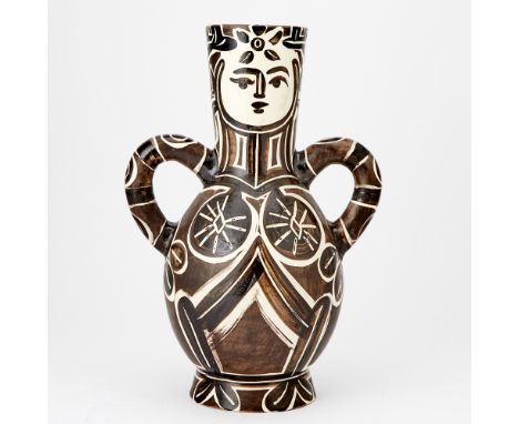 VASE DEUX ANSES HAUTES (ALAIN RAMIÉ 213)Painted and partially glazed white ceramic vase, 1953, with the Edition Picasso and M