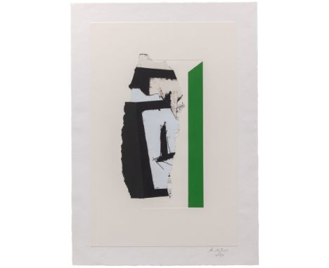 IN WHITE WITH GREEN STRIPE (ENGBERG/BANACH 378)Color lithograph, relief and embossing with collage adhered to HMP handmade pa