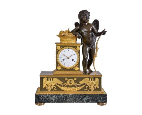 A French Empire ormolu and patinated bronze figural mantel clock   Lesieur, Paris, early 19th century   The circular eight-da