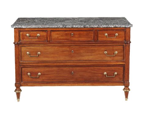 A Directoire mahogany and giltmetal mounted commode, circa 1800, the mottled grey St. Anne marble top above three long drawer