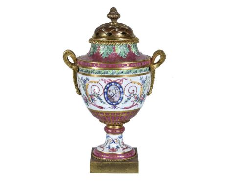 A Continental porcelain Sevres-style gilt-metal-mounted pot-pouri urn and gilt-metal pierced cover, possibly Buen Retiro, lat