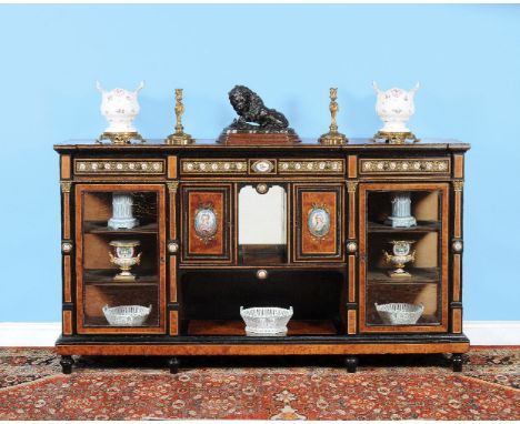 ϒA Victorian thuyawood, ebonised, porcelain and gilt metal mounted side cabinet, circa 1880, with tulipwood banding throughou