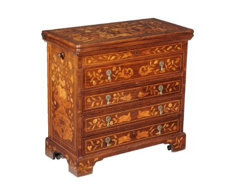 A Dutch walnut and inlaid metamorphic bachelors chest, 18th century, the top opening to a Polish chequer board and again to a