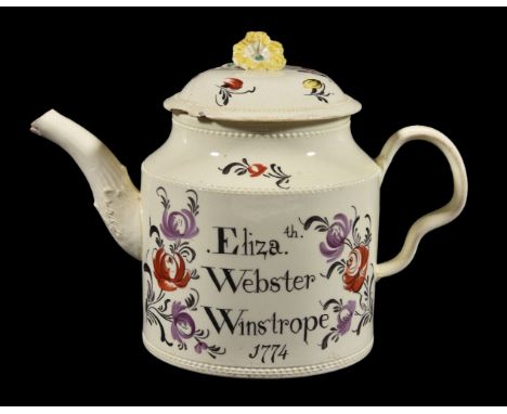 A dated commemorative English creamware teapot and cover, dated 1774 and inscribed for Eliza.th. WebsterWinstrope 1774, verso