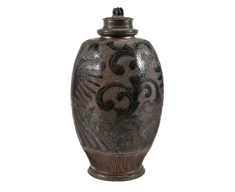 A German pewter mounted brown saltglaze stoneware flask, 17th/early 18th century, possibly Muskau (Saxony), oviform and of oc