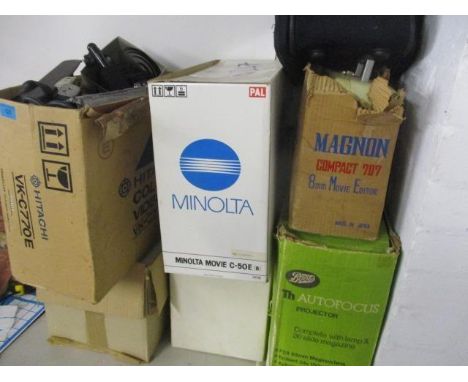 A selection of boxed and loose cameras, projectors, records and other items to include a Minolta movie recorder 