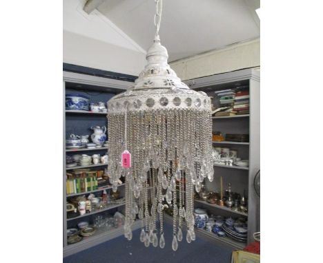A white painted metal light with pierced ornamental and chain pendants 