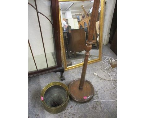 An oak standard lamp and a brass coal bucket 