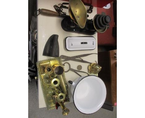 Metalware to include brass George III candlesticks, kitchen scales, enamel ware and other items 