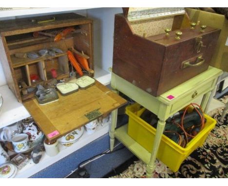 Two mid 20th century pine tool, table top chests, one containing a small amount of sea fishing tackle, together with a quanti