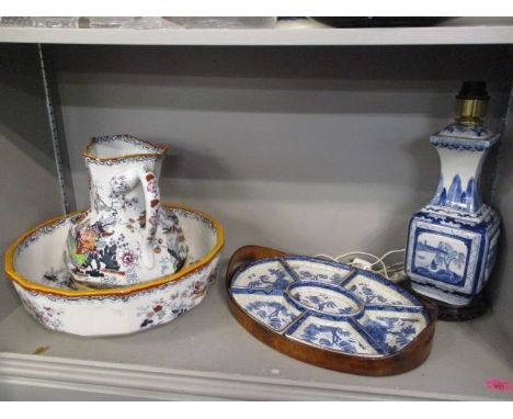 A mixed lot of oriental inspired china to include a large jug and bowl by Mason's and a walnut tray with Booths china insets,