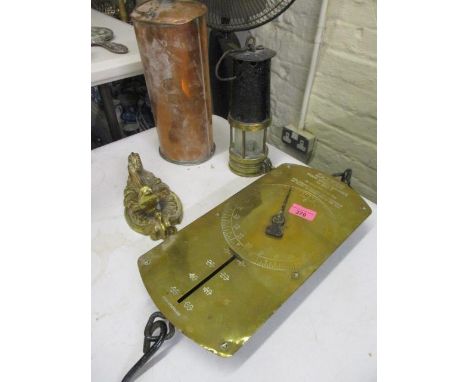 A set of Salter Trade Spring Balance no 260T scales, a Naylor Wigan 3 miners lamp, a brass door knocker in the form of a sea 