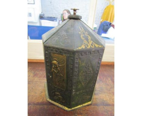 A leather clad and gilt tooled holy water case, of octagonal form with a gilt metal finial, green velvet lined interior 