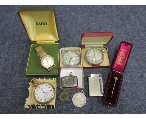 Pocket and wristwatches, a silver vesta, a Crown, a cigarette light, a 9ct gold stick pin and other items 