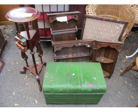 Mixed furniture to include a firescreen, three oak wall  hanging cabinets, a green trunk and a mahogany shaving stand 