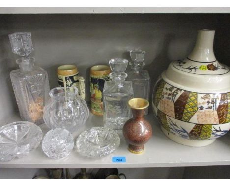 A modern Chinese table lamp (deficient of wiring), a cloisonne vase, mixed cut glass and two steins 