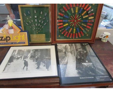 A modern framed and glazed display of shotgun cartridges, a similar display of 'Bullets that shaped American History', an alu
