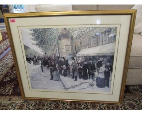 Jean Beraud - a print depicting a street scene, framed and glazed 