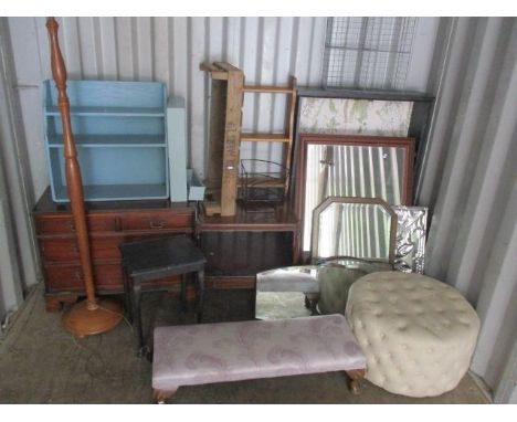 Mixed furniture to include stools, mirrors, a painted wall hanging shelves, a standard lamp and other items 