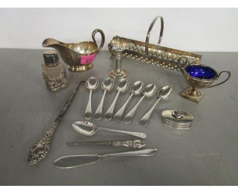 A selection of silver and silver plated items to include a small oval box with a rose knop to the lid, Sheffield 2002, M H si