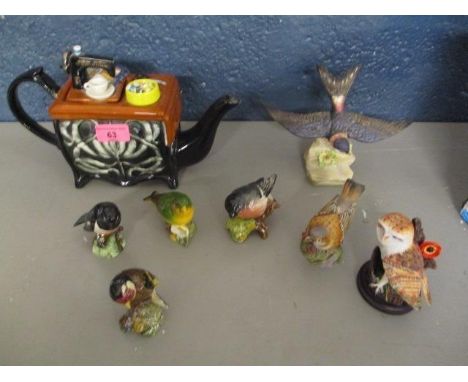 A small selection of model birds to include Beswick and Royal Worcester, together with a South West Ceramics teapot 