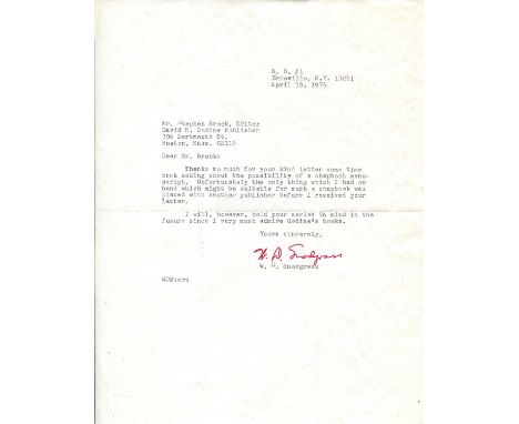 SNODGRASS W. D.: (1926-2009) American poet who won the Pulitzer Prize for Poetry, 1960. T.L.S., W. D. Snodgrass, one page, 4t