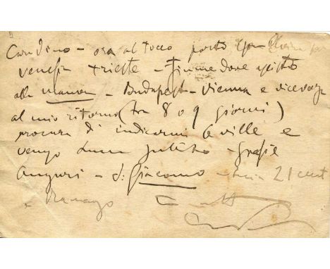 PUCCINI GIACOMO: (1858-1924) Italian Composer. A.L.S., `Giacomo´, one page, to an Italian postcard, Cartolina Postale Italian