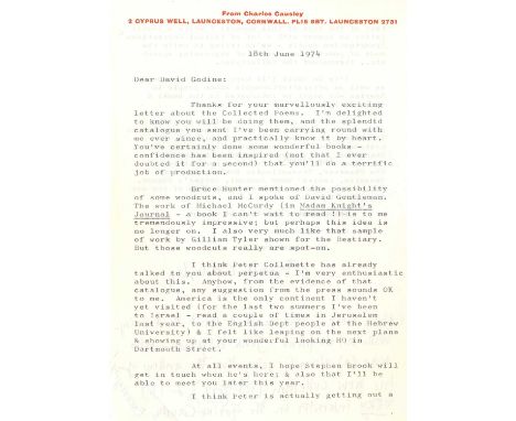 CAUSLEY CHARLES: (1917-2003) English poet. T.L.S., Charles Causley, with five lines of holograph text, two pages, 8vo, Launce