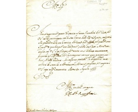 CLEMENT IX: (1600-1669) Pope of the Roman Catholic Church 1667-69. Rare L.S., `sempre - G[iulio] Card[ina]le Rospigliosi´, on
