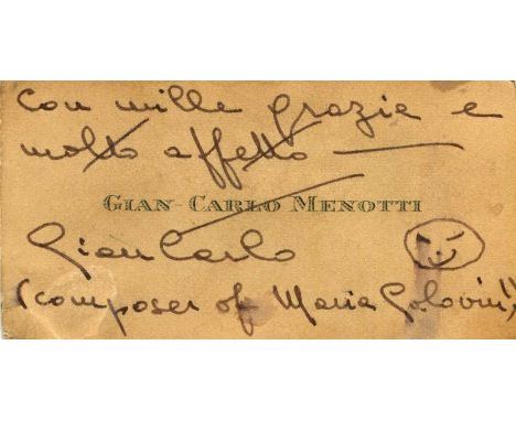 MENOTTI GIAN CARLO: (1911-2007) Italian composer and librettist. A.N.S., Gian Carlo, to the recto of his personal printed obl