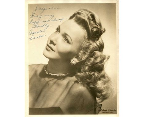 LANDIS CAROLE: (1919-1948) American actress. A scarce vintage signed and inscribed sepia 8 x 10 photograph of Landis in a hea