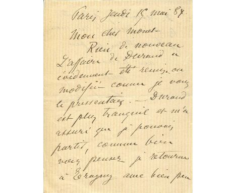 PISSARRO CAMILLE: (1830-1903) French Impressionist painter. A.L.S., C. Pissarro, two pages, small 8vo, Paris, 19th May 1884, 