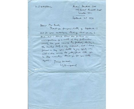NAIPAUL V. S.: (1932-2018) Trinidadian-born British writer, Nobel Prize winner for Literature, 2001. A.L.S., V S Naipaul, one