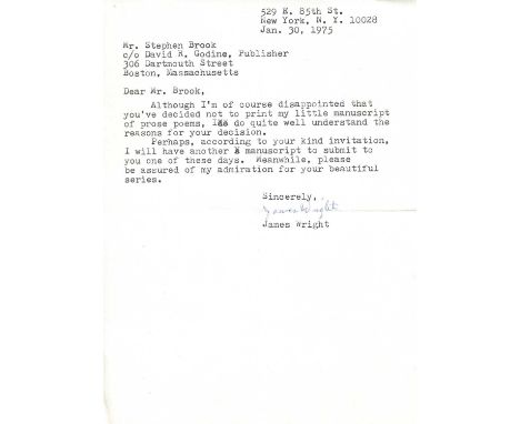 WRIGHT JAMES: (1927-1980) American poet, awarded the Pulitzer Prize for Poetry in 1972. A scarce, small group of three T.Ls.,