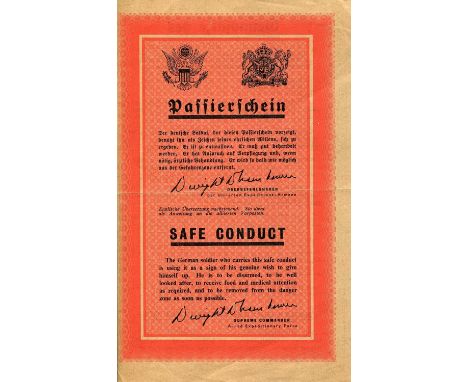 [WORLD WAR II]: A pair of original vintage printed 8vo Safe Conduct passes issued after 1944 to German soldiers who desired t