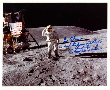 DUKE CHARLES: (1935- ) American astronaut, Lunar Module Pilot of the Apollo XVI mission (1972) and the tenth man to walk on t