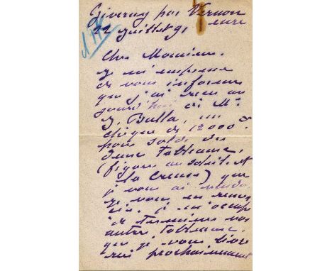 MONET CLAUDE: (1840-1926) French Impressionist Painter. A.L.S., `Claude Monet´, two pages, 8vo, in bold fountain pen purple i