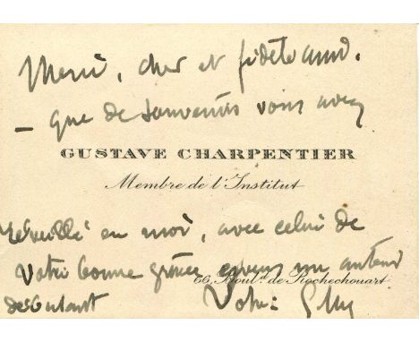 CHARPENTIER GUSTAVE: (1860-1956) French composer. A.L.S., with his initials G Ch., to the recto of his personal printed oblon
