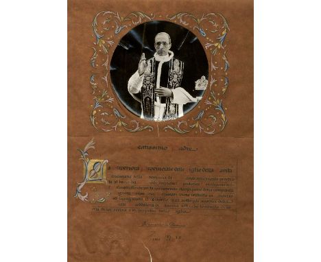 PIUS XII: (1876-1958) Pope of the Roman Catholic Church 1939-58. Apostolic Blessing Signed, Pius pp XII, one page, large foli